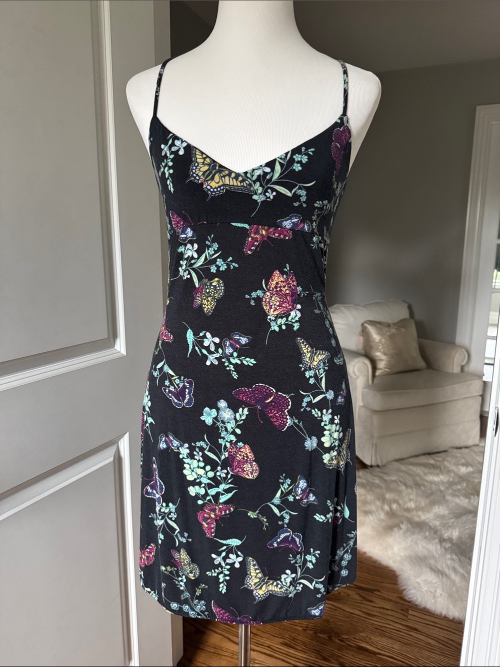 Victoria's Secret Navy Black Lace Butterfly & Floral Slip Modal Nightwear Sz S